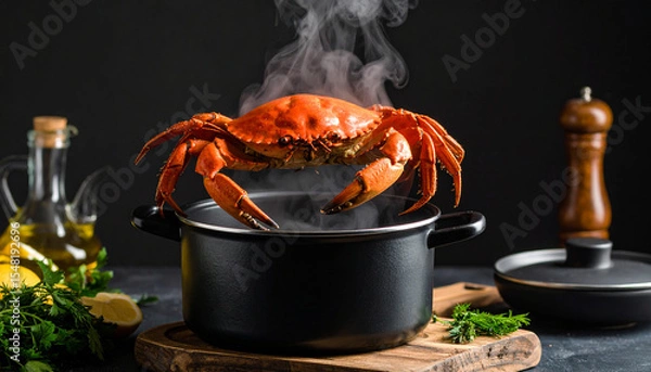 Obraz tolong buatkan judul terbaik dalam bahasa inggris kurang dari 100 huruf dengan 50 hastag yang paling relevan untuk di isi kedalam adobe stock contributor untuk: red crab being dropped into a steaming 