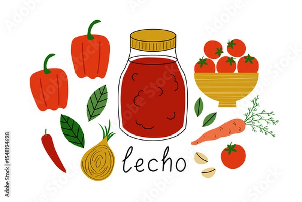 Obraz lecho Hungarian cuisine vector illustration on isolated background. Canned sauce with tomatoes, red paprika, garlic, carrot, bay leaf, hot pepper, onion. Vegetable product, autumn homemade preserves