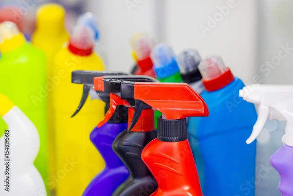 Fototapeta Assorted colorful plastic cleaning product bottles and spray nozzles on a shelf, featuring vibrant red, blue, yellow, green, and purple containers for household use