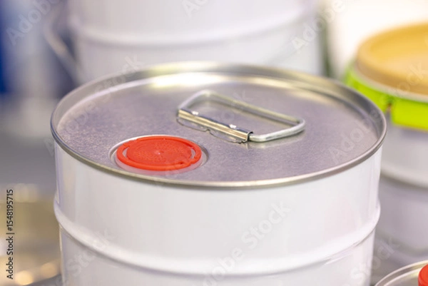 Fototapeta Industrial metal barrel with red plastic lid and silver handle, realistic style, safe storage concept for flammable liquids