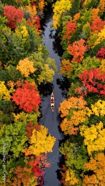 Fototapeta Autumnal River Journey: A Canoe glides through vibrant fall foliage, creating a breathtaking aerial view.
