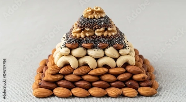 Fototapeta Pyramid of almonds, cashews, walnuts, flax, and chia seeds