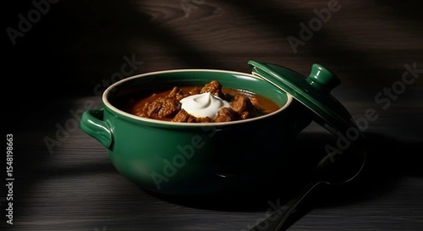 Fototapeta Delicious beef stew in a green pot with sour cream topping