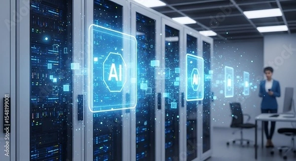 Fototapeta AI technology interface displayed on server racks in a modern data center
