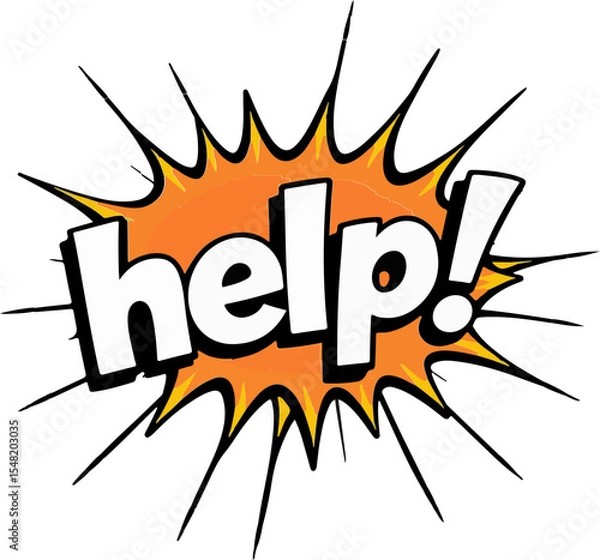 Fototapeta Bold comic-style text spelling "help!" surrounded by an explosive orange and black starburst design.