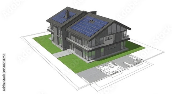 Fototapeta Modern House Architectural Design with Solar Panels - 3D Model