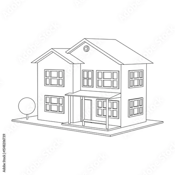 Fototapeta 3D suburban house model. Drawing of the modern building. Cottage project on white background. Vector illustration.