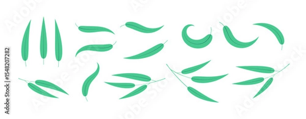 Obraz Bamboo, willow leaves, branches collection, isolated on transparent background. Hand drawn flat vector illustration. Plant, foliage, vegetation, botanical design elements, clip art set, Asian flora