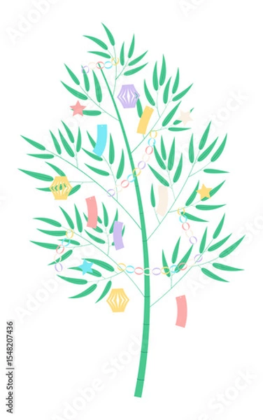 Obraz Tanabata Festival bamboo tree, traditional tanzaku, paper decorations isolated on transparent. Hand drawn vector illustration. Flat design. Japanese holiday, summer event clip art element