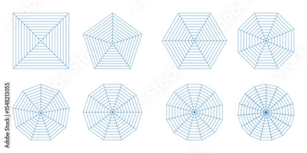 Fototapeta Blank spider radar Kiviat diagram with four, five, six, eight, nine, ten, twelve and fifteen segments. Sample of pentagon, hexagon, square,Octagon, Nonagon, and Decagon chart. Analysis template