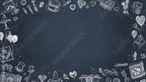 Fototapeta Chalkboard background with hand-drawn doodles of cameras, balloons, and hearts