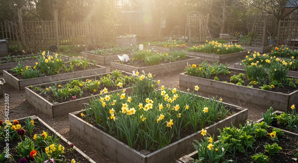 Obraz A garden with raised beds filled with flowers and plants under the bright sunlight in the early morning