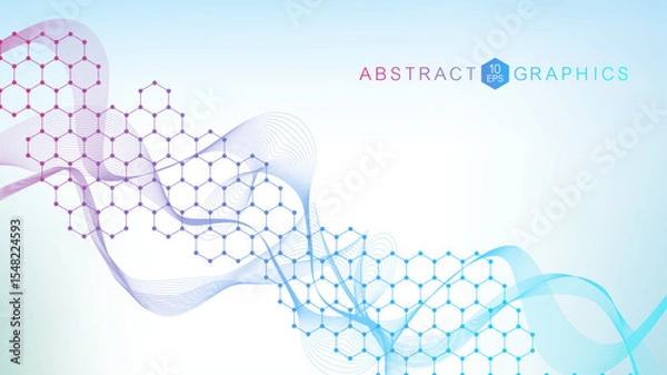 Obraz Modern scientific background with hexagons, lines and dots. Wave flow abstract background. Molecular structure for medical, technology, chemistry, science. Vector illustration
