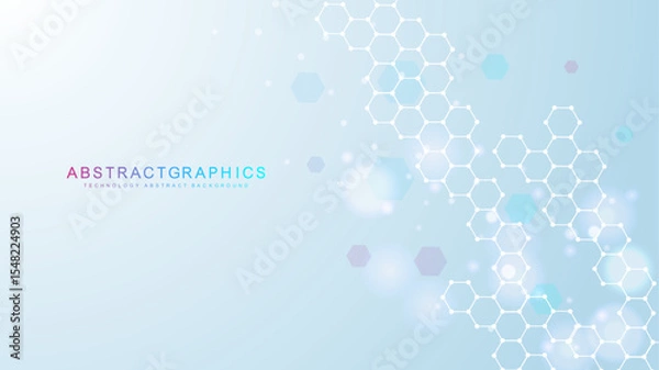 Obraz Modern scientific background with hexagons, lines and dots. Wave flow abstract background. Molecular structure for medical, technology, chemistry, science. Vector illustration