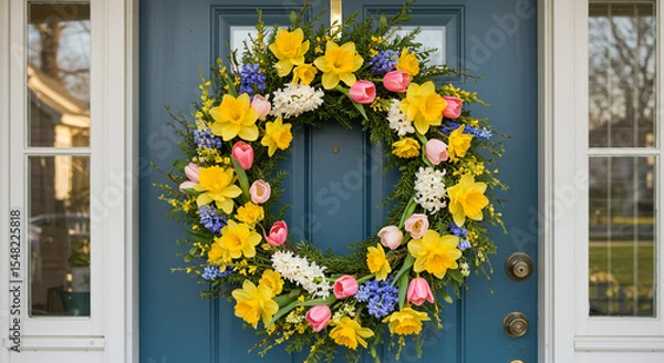 Obraz A vibrant floral wreath adorns a blue door, creating a welcoming and cheerful entrance to the home