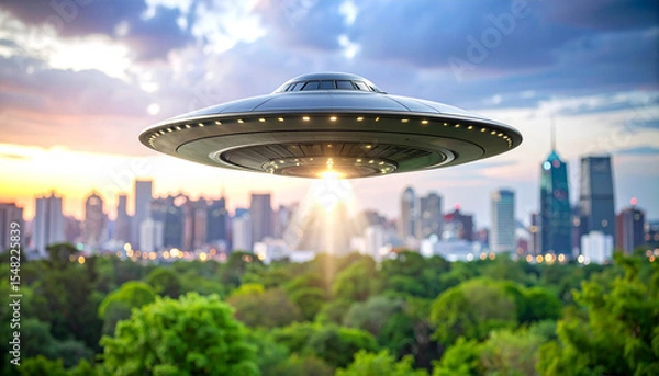 Obraz Spinning UFO Object on Green Screen for Sci-Fi Flying Animation or VFX Scene