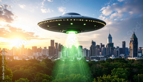 Obraz Spinning UFO Object on Green Screen for Sci-Fi Flying Animation or VFX Scene