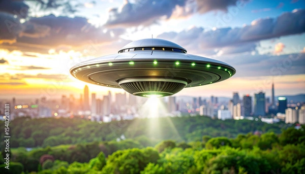 Obraz Spinning UFO Object on Green Screen for Sci-Fi Flying Animation or VFX Scene