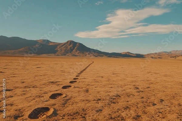 Obraz A lone trail of footprints crosses a vast sandy shore