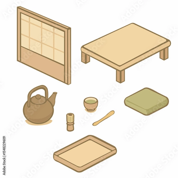 Fototapeta This is a charming isometric illustration of a traditional Japanese tea set scene featuring a teapot, cups, tray, whisk, low table, tatami cushion, and shoji screen.