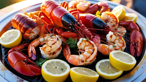 Obraz Lobster and Shrimp Grill Platter with Citrus Garnish

