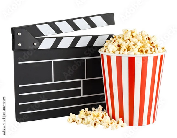 Fototapeta Movie clapper board and popcorn on transparent background..
