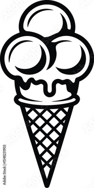 Fototapeta A black and white line drawing of an ice cream cone with three scoops on a plain background image