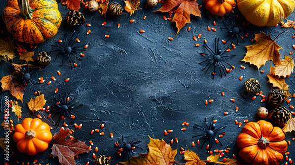Fototapeta Spider on Vibrant Dark Blue Copy Space Helloween Template Background 