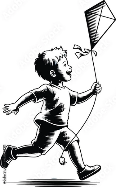 Fototapeta A boy running with a kite in a black and white illustration against a solid light blue background
