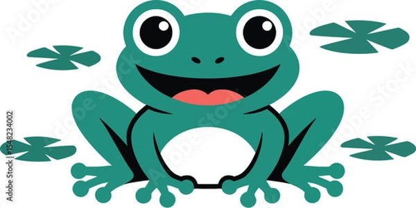 Fototapeta A cartoon frog with big eyes and a smile surrounded by lily pads on a light blue background color