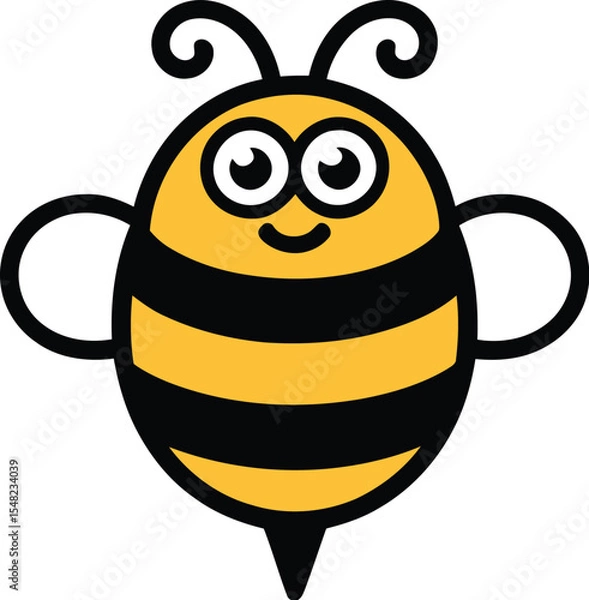 Fototapeta A cartoon bee with yellow and black stripes and white wings on a light gray background is centered