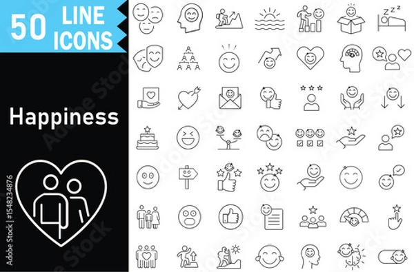 Fototapeta Happiness Line Icon Set. sleep, culture, health, diet, happiness, mindset, optimism,  sadness, hope, love, ambiguity and more. Vector illustration EPS10.