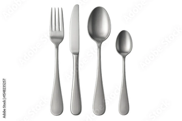 Obraz Silverware cutlery set with fork, knife, and spoons on transparent background