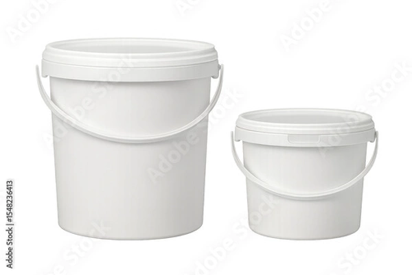 Obraz Two white plastic buckets with lids on transparent background