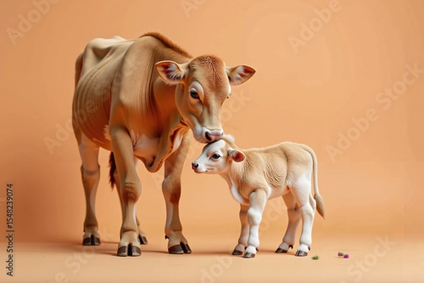Obraz A cow and calf standing together against a warm peach background.