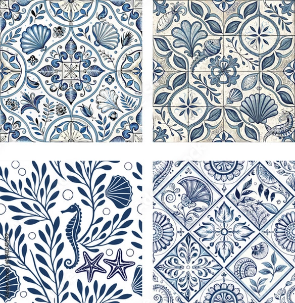 Fototapeta Decorative tiles in blue and white with coastal and nautical elements seamless pattern collection