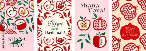 Fototapeta Shana Tova greeting card set hand drawn stye for Rosh Hashanah holidays, Jewish New Year. Pomegranate, apple, leaves vector