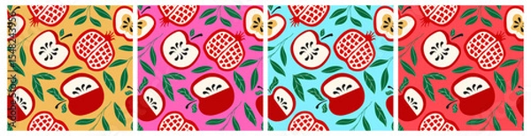 Fototapeta Rosh Hashanah pattern set hand drawn stye for Shana Tova holidays, Jewish New Year. Pomegranate, apple, leaves vector