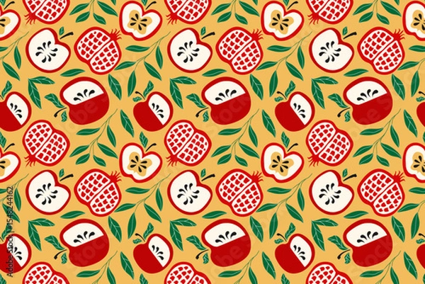 Fototapeta Shana Tova pattern hand drawn stye for Rosh Hashanah holidays, Jewish New Year. Pomegranate, apple, leaves vector