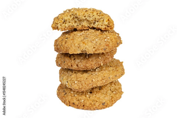 Fototapeta Homemade oatmeal cookies with nuts on white background, close-up view