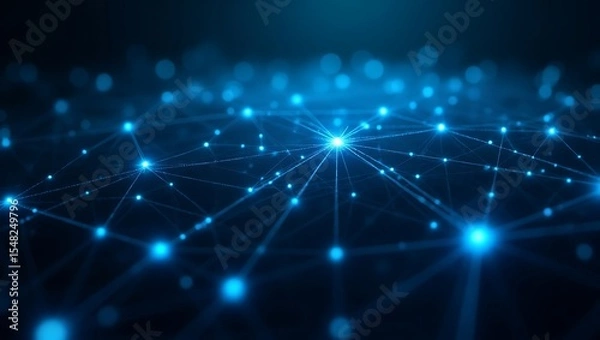 Fototapeta A futuristic digital neural network with glowing electric blue nodes and thin interconnected lines, forming a complex web structure. Generative Ai.