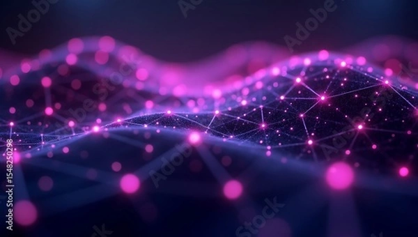 Fototapeta An abstract quantum network composed of violet and purple glowing nodes interconnected in a fractal-like digital grid, floating in deep space. Generative Ai.