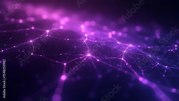 Fototapeta An abstract quantum network composed of violet and purple glowing nodes interconnected in a fractal-like digital grid, floating in deep space. Generative Ai.
