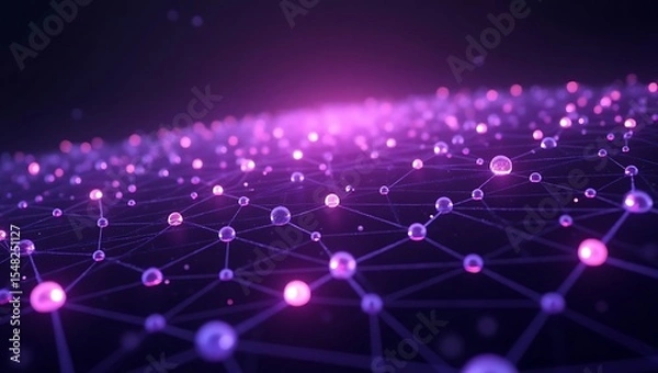 Fototapeta An abstract quantum network composed of violet and purple glowing nodes interconnected in a fractal-like digital grid, floating in deep space. Generative Ai.