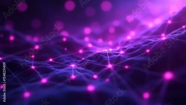 Fototapeta An abstract quantum network composed of violet and purple glowing nodes interconnected in a fractal-like digital grid, floating in deep space. Generative Ai.