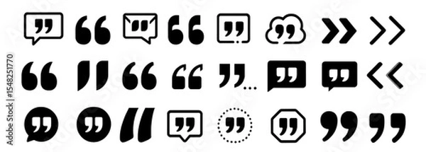 Obraz Black quote mark icon set, speech mark collection, inverted commas symbol, punctuation symbols, quotation graphic, typographic icon pack, vector illustration.