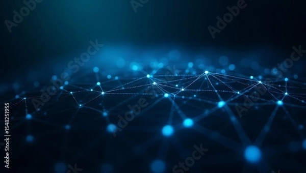 Fototapeta A futuristic digital neural network with glowing electric blue nodes and thin interconnected lines, forming a complex web structure. Generative Ai.
