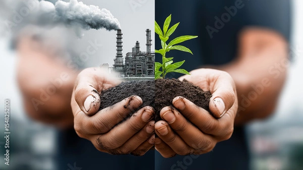 Obraz Split-screen of industrial pollution vs green plant in soil