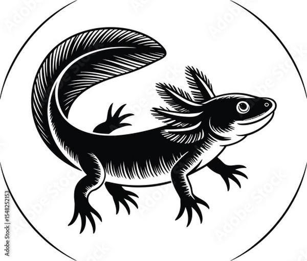 Obraz A black and white illustration of an axolotl inside of a circle on a white background design art