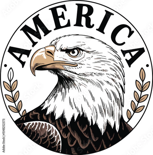 Obraz Illustration of an eagle head with america text in a circle with laurel branches around it
